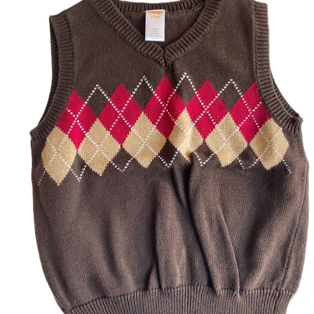 Gymboree Boys Knit Sweater Vest Brown Red Classic Diamon Pattern Small